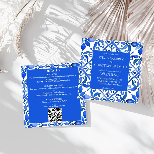 Invitation Blue Talavera tuiles espagnoles tout en un mariage (Blue vintage Talavera Azulejo Spanish Mexican  tiles all in one wedding Invitation template)