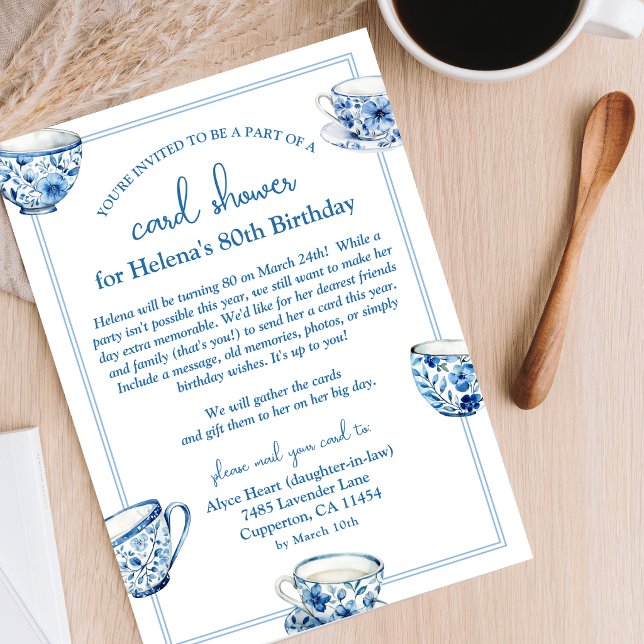 Invitation Blue Teacups 80th Birthday Card Shower by Mail (Créateur téléchargé)