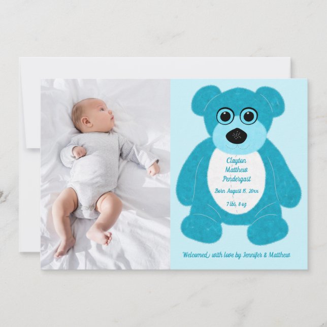 Invitation Blue Teddy Bear Baby Boy Annouement Annouement Inv (Devant)