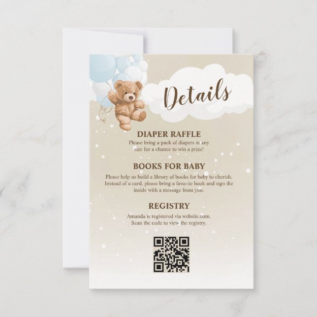 Invitation Blue Teddy Bear Baby Shower Details Enclosure Card (Devant)