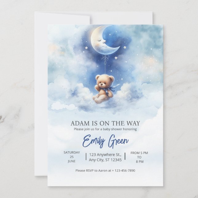 Invitation Blue Teddy Bear Baby shower On Peut Attendre Rapid (Devant)