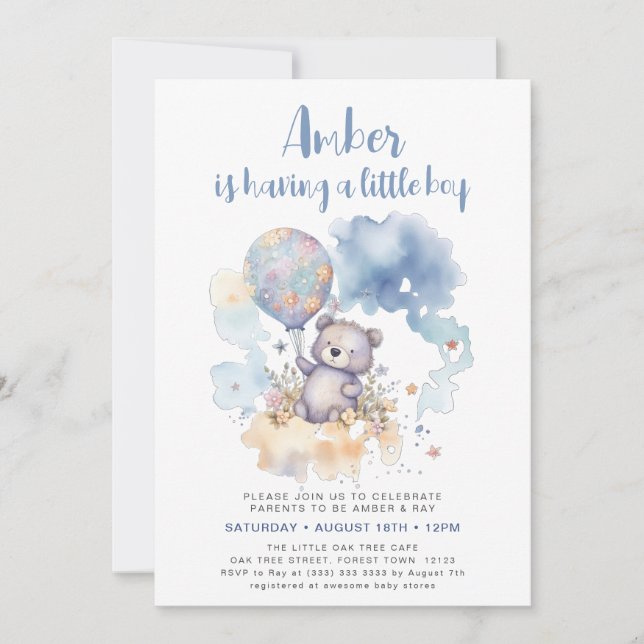 Invitation Blue Teddy Bear Balloon mignonne Baby shower garço (Devant)