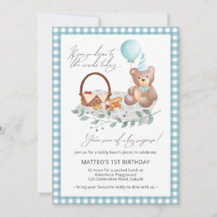 Invitation Blue Teddy Bear Balloon Pique-nique 1er Anniversai
