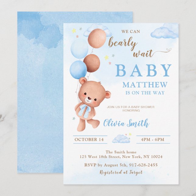 Invitation Blue Teddy Bear Balloons Boy Baby shower (Devant / Derrière)