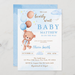 Invitation Blue Teddy Bear Balloons Boy Baby shower