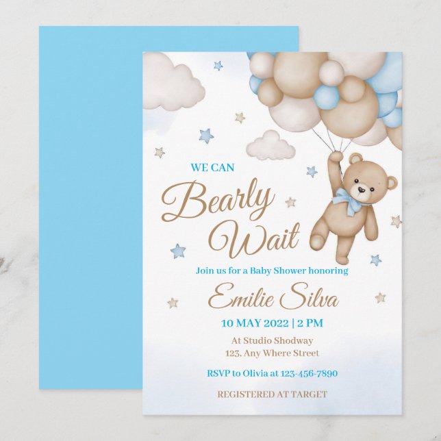 Invitation Blue Teddy Bear Balloons Boy Baby shower (Devant / Derrière)