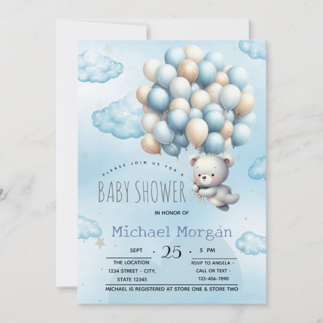 Invitation Blue Teddy Bear Balloons Nuages Baby shower (Devant)