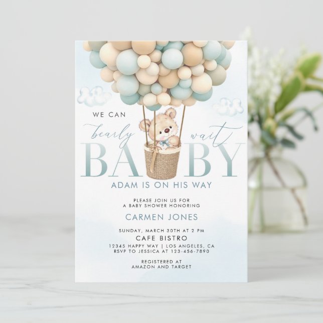 Invitation Blue Teddy Bear Hot Air Balloon Baby shower Invita (Debout devant)