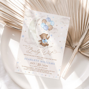 Invitation Blue Teddy Bear on Moon with Balloons Baby Shower