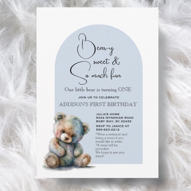Invitation Blue Teddy Bear Thème Aquarelle Premier anniversai (Créateur téléchargé)