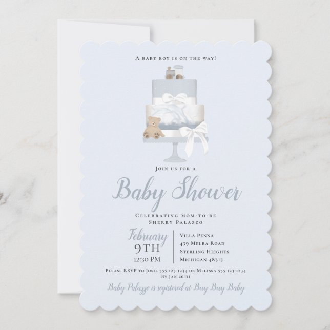 Invitation Blue Teddy Bear Train Cake Boy Baby shower (Devant)