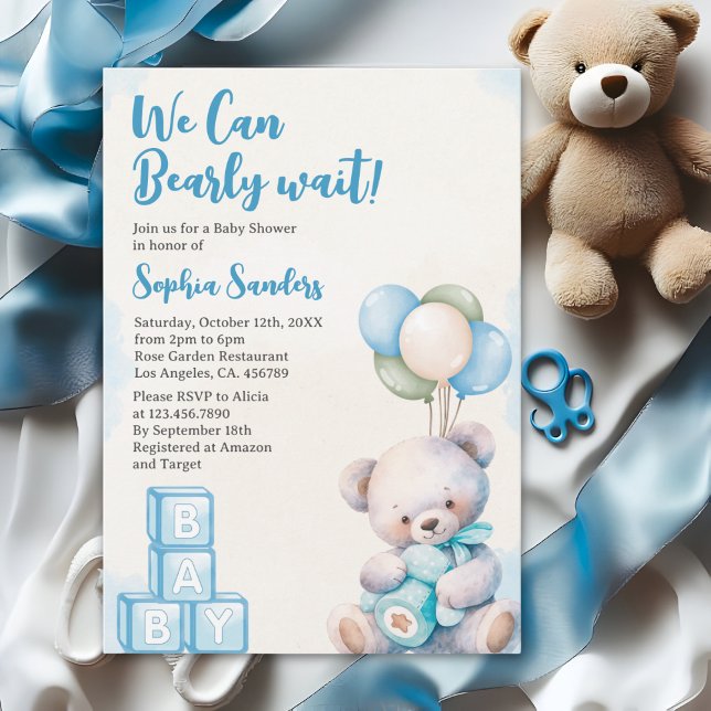 Invitation Blue Teddy Bear "We Can Bearly Wait" Baby Shower (Créateur téléchargé)