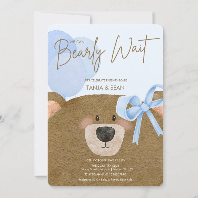 Invitation Blue Teddy On Peut Attendre Un Baby shower Garçon (Devant)