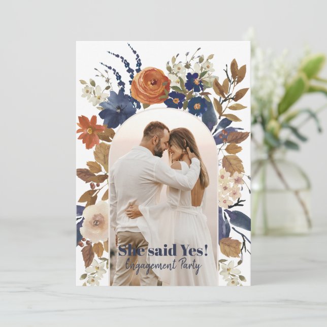 Invitation Blue Terracotta Floral Arc Photo Party (Debout devant)