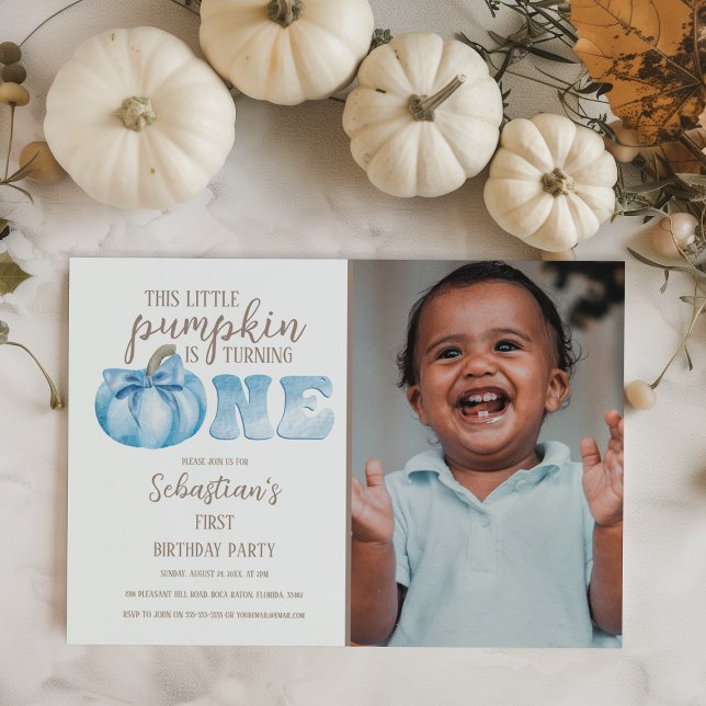 Invitation Blue This Little Pumpkin Photo 1st Birthday Party (Créateur téléchargé)