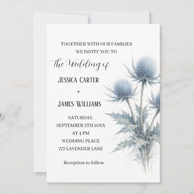 Invitation Blue Thistle Scottish Scotland Simple Wedding (Devant)