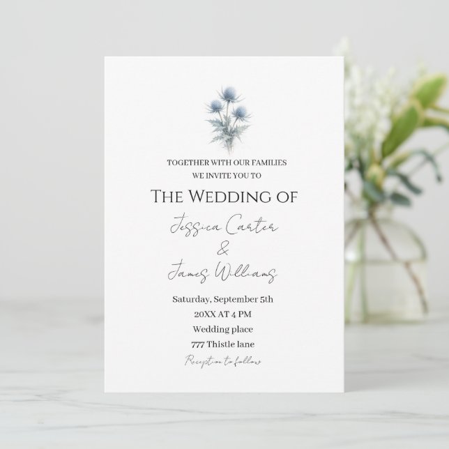 Invitation Blue Thistle Scottish Scotland Simple Wedding (Debout devant)