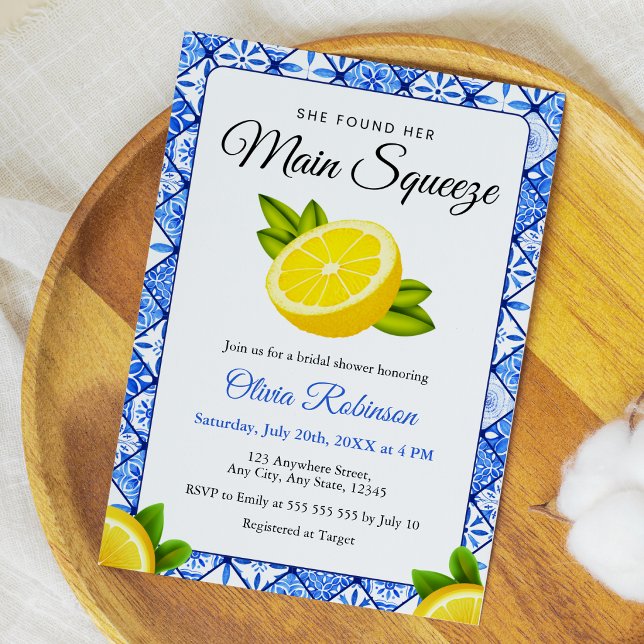 Invitation Blue Tile Elle a Trouvé Sa Douce Moitié Baby Showe (Mediterranean She Found Her Main Squeeze Bridal Shower Invitation)