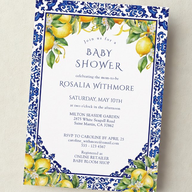 Invitation Blue Tile Lemon Mediterranean Baby Shower (Créateur téléchargé)