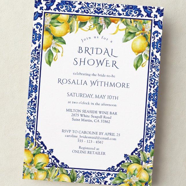 Invitation Blue Tile Lemon Mediterranean Bridal Shower (Créateur téléchargé)