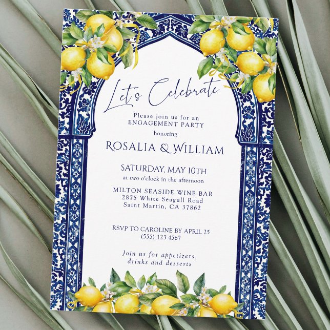 Invitation Blue Tile Lemon Mediterranean Engagement Party (Créateur téléchargé)