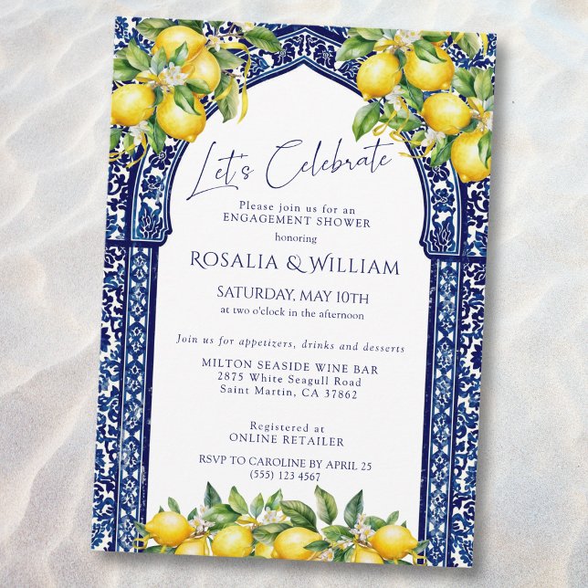 Invitation Blue Tile Lemon Mediterranean Engagement Shower (Créateur téléchargé)