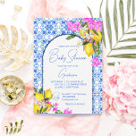 Invitation Blue Tiles Lemons Bougainvillea Mediterranean<br><div class="desc">Blue Tiles Lemons and Bougainvillea elegant Mediterranean Greek Italian Santorini Mykonos themed baby shower invitation template instant template.</div>
