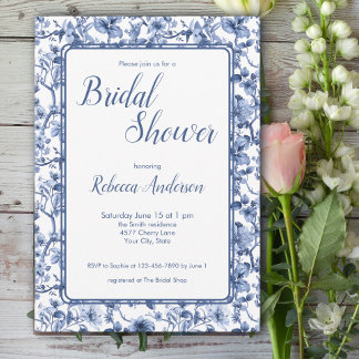 Invitation Blue Toile Chinoiserie Floral Bridal Shower