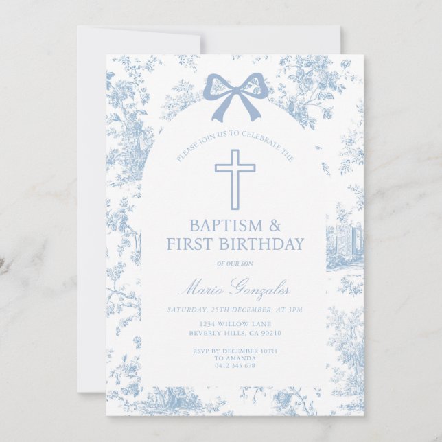 Invitation Blue Toile de Jouy Baptism & First Birthday Bow  (Devant)