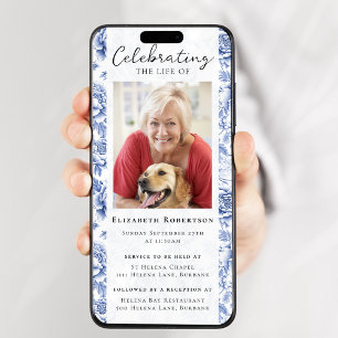 Invitation Blue Toile Floral Photo Funérailles Digital Evite