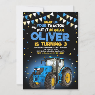 Invitation Blue Tractor 3ème fête d'anniversaire