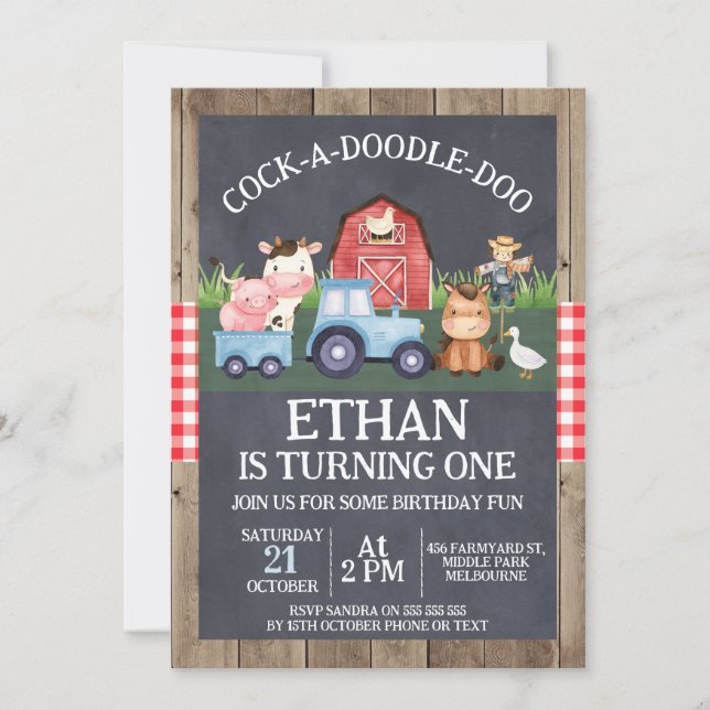 Invitation Blue Tractor Chalkboard Wood Farm Anniversaire (Devant)