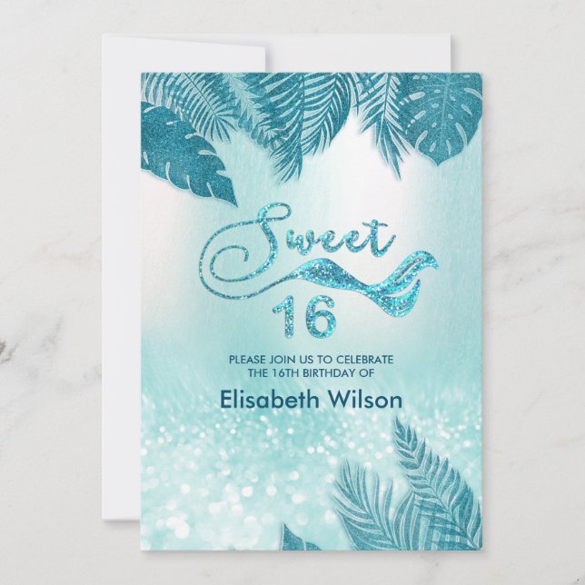 Invitation Blue Tropical feuille chic glittery tendance (Devant)