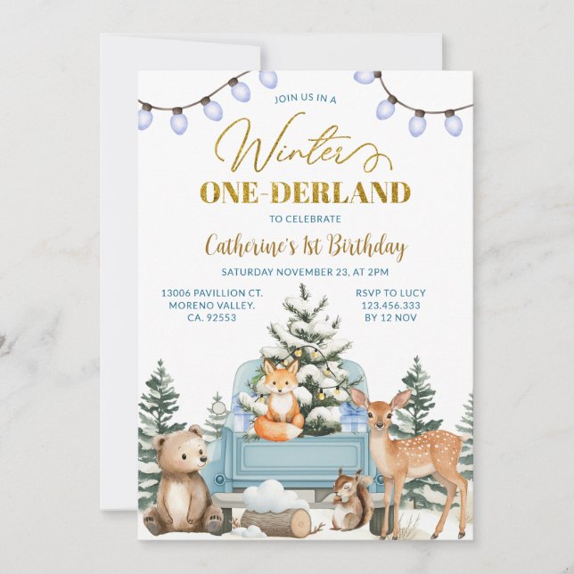 Invitation Blue Truck Winter One-derland Animals 1st Birthday (Devant)