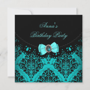 Invitation Blue Turquoise Damask Lace Élégante fête d'anniver