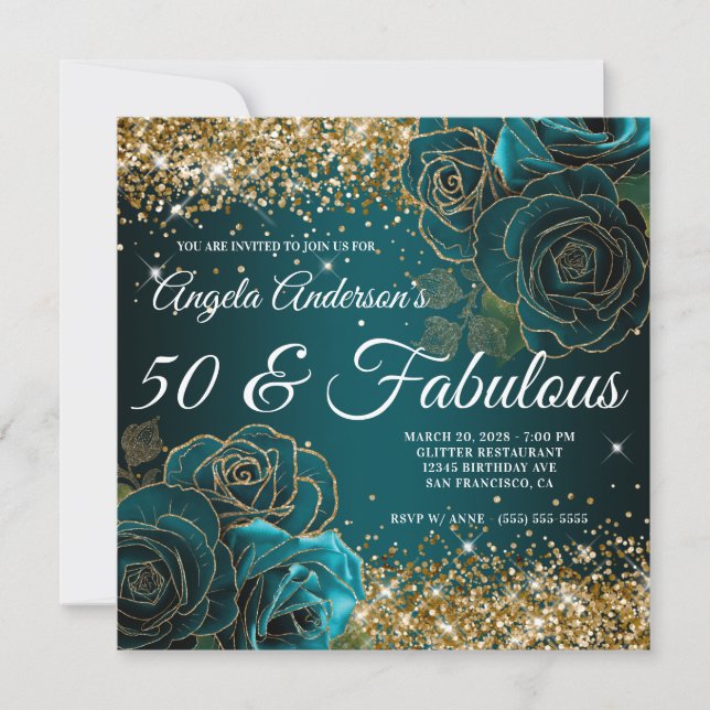 Invitation Blue Turquoise Floral Gold Parties scintillant Gla (Devant)
