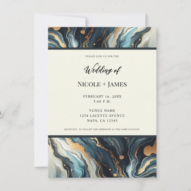 Invitation Blue Turquoise Or Agate moderne Glam Mariage éléga (Devant)