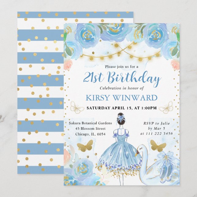 Invitation Blue Tutu Black Hair Ballerina Anniversaire (Devant / Derrière)
