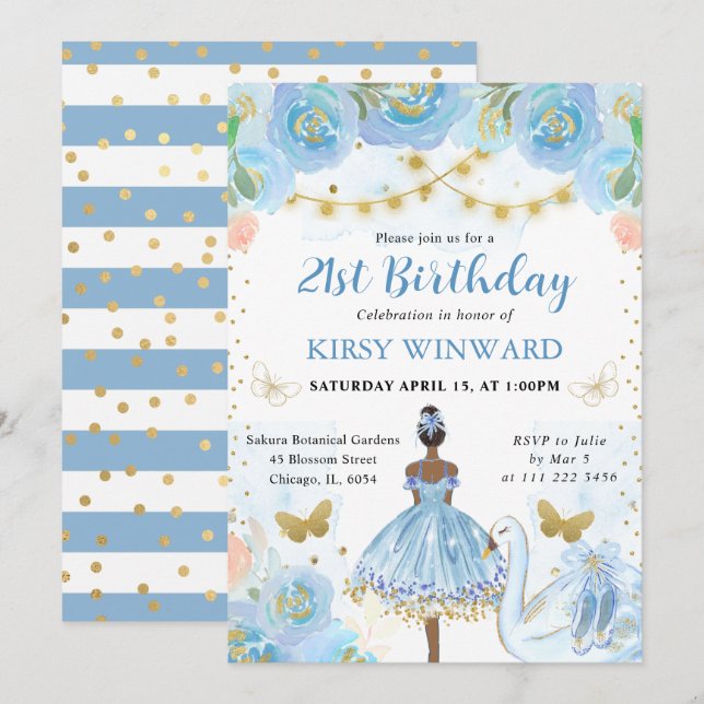 Invitation Blue Tutu Dark Skin Ballerina Anniversaire (Devant / Derrière)