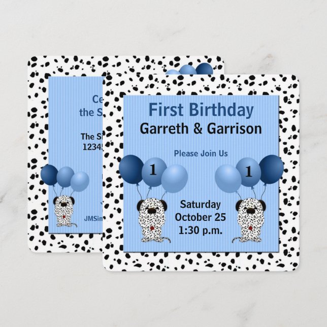 Invitation Blue Twin Boys 1er fête d'anniversaire (Devant / Derrière)