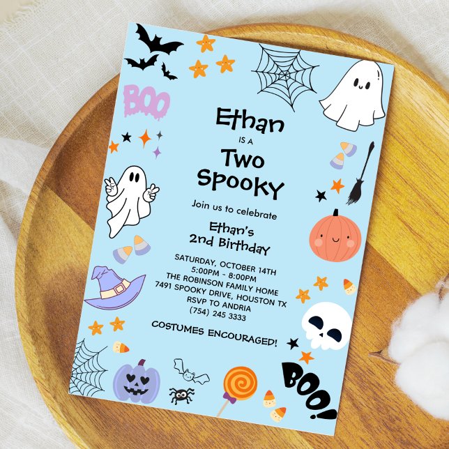 Invitation Blue Two Éffrayant Cute Ghost Halloween 2e anniver (Blue Two Spooky Cute Ghost Halloween 2nd Birthday Invitation )
