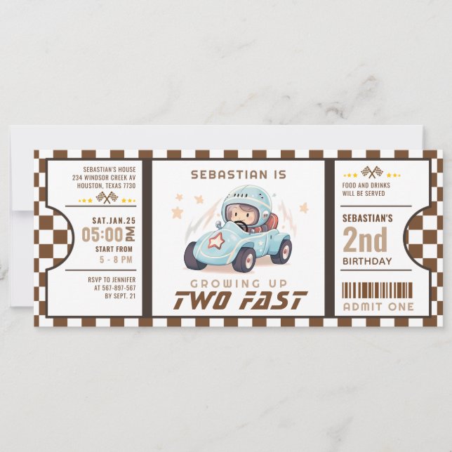 Invitation Blue Two Fast Race Car Billet Pass Deuxième Annive (Devant)