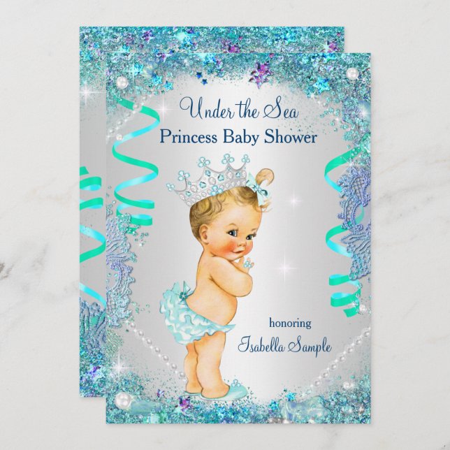 Invitation Blue Under the Sea Princess Baby shower Blonde (Devant / Derrière)