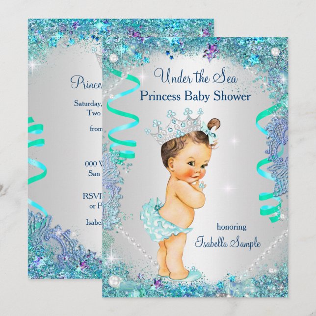 Invitation Blue Under the Sea Princess Baby shower Brunette (Devant / Derrière)