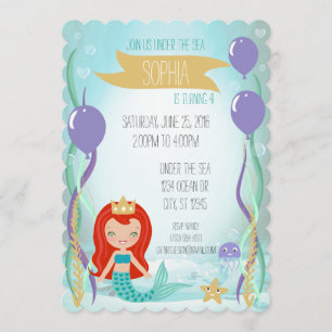 Invitation Blue Underwater Mermaid Princess Party Light Red