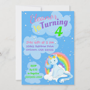 Invitation Blue Unicorn Magical Rainbows Colorée Anniversaire