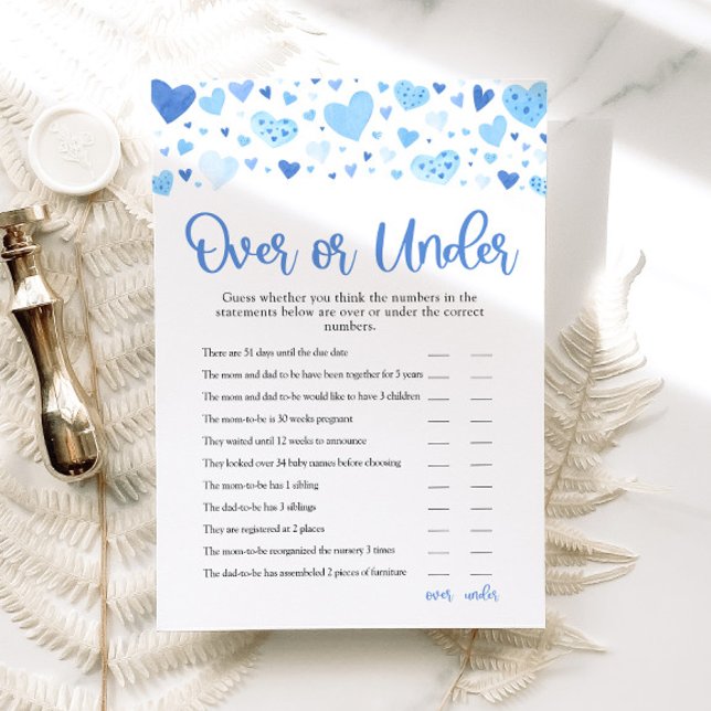 Invitation Blue Valentine Over ou Under Baby shower Game (Watercolor Cute Blue Hearts Valentine Sweetheart February Baby Boy Over or Under Baby Shower Game)