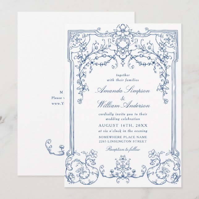 Invitation Blue Victorian Ornate Grace Floral Mariage françai (Devant / Derrière)