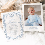 Invitation Blue Vintage Floral Boy Baptême Christening Photo<br><div class="desc">Célébrez la journée sacrée de votre petit garçon avec cet élégant baptême floral Vintage bleu et une invitation à la photo baptisante. Inspiré de la chinoiserie intemporelle et de l'esthétique victorienne, ce design présente un cadre floral délicat d'inspiration Toile de Jouy dans une teinte bleu poussiéreuse, évoquant le charme vintage...</div>