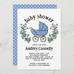 Invitation Blue Vintage poussette verdure Baby shower garçon